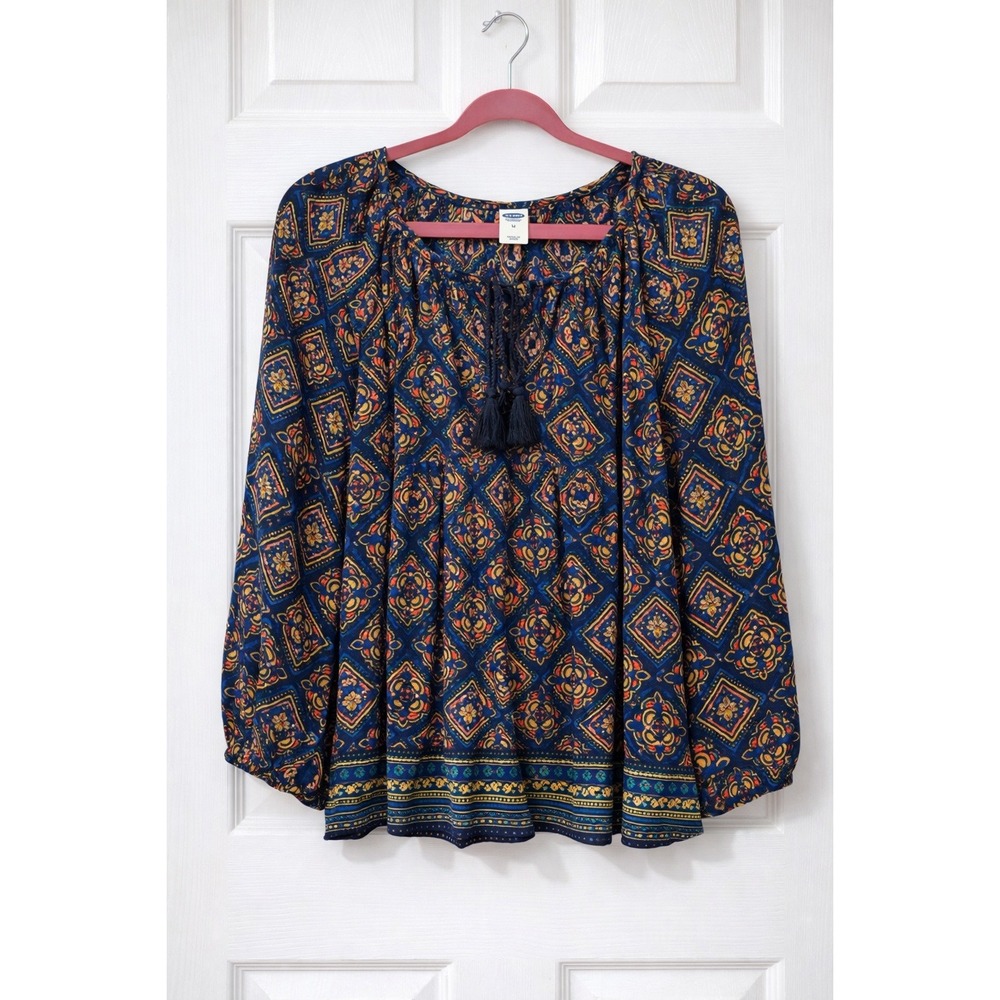 Old Navy Peasant Blouse M Blue Orange Good Tassel Tie Medallion Boho Festival‎